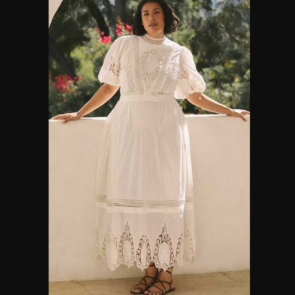 New Plus 2X Forever That Girl x Anthropologie mock-neck lace maxi dress in white